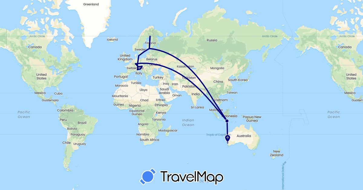 TravelMap itinerary: driving in Austria, Australia, Germany, Denmark, Finland, Indonesia, Italy, Slovenia, Thailand (Asia, Europe, Oceania)